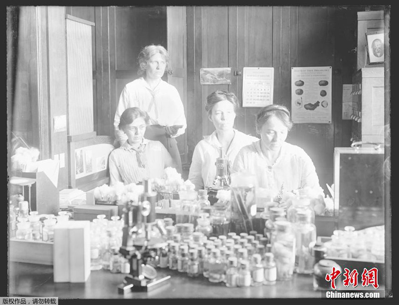 Начало 20 века, женщины-ученые работают в лаборатории.