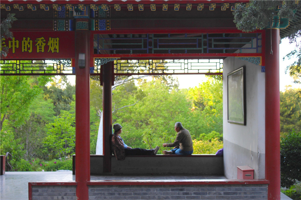 Два человека беседуют на вершине парка Цзиншань, Пекин, 22.04.2016.