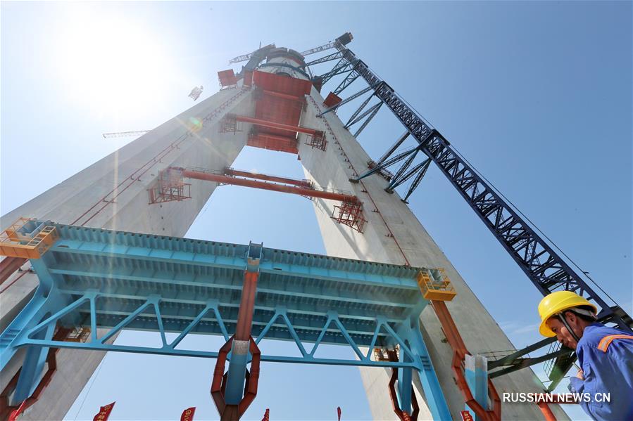 Установлена первая стальная балка главной фарватерной секции моста "Хутун" через Янцзы