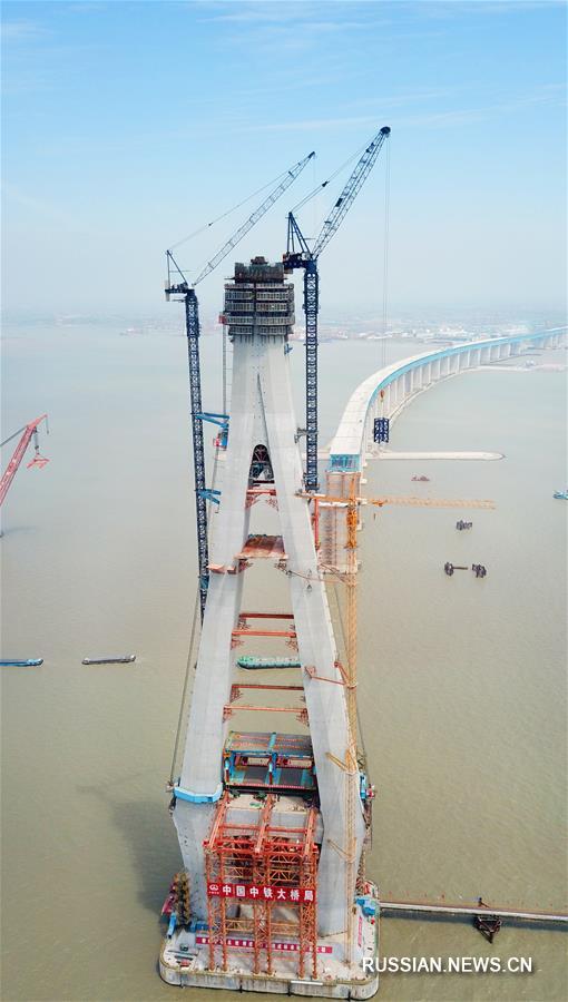 Установлена первая стальная балка главной фарватерной секции моста "Хутун" через Янцзы