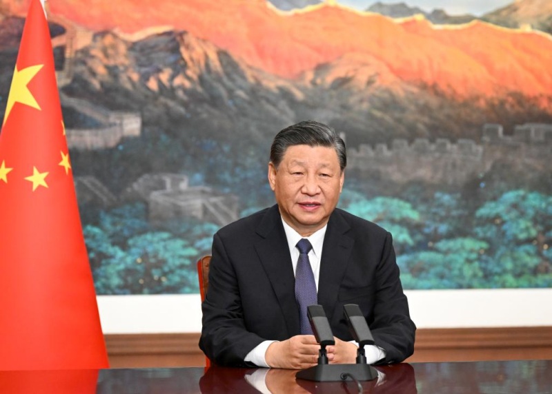 8 ноября 2023 года, председатель КНР Си Цзиньпин по видеосвязи выступает с речью на церемонии открытия Учжэньского саммита в рамках Всемирной конференции по вопросам интернета 2023 года. /Фото: Синьхуа/