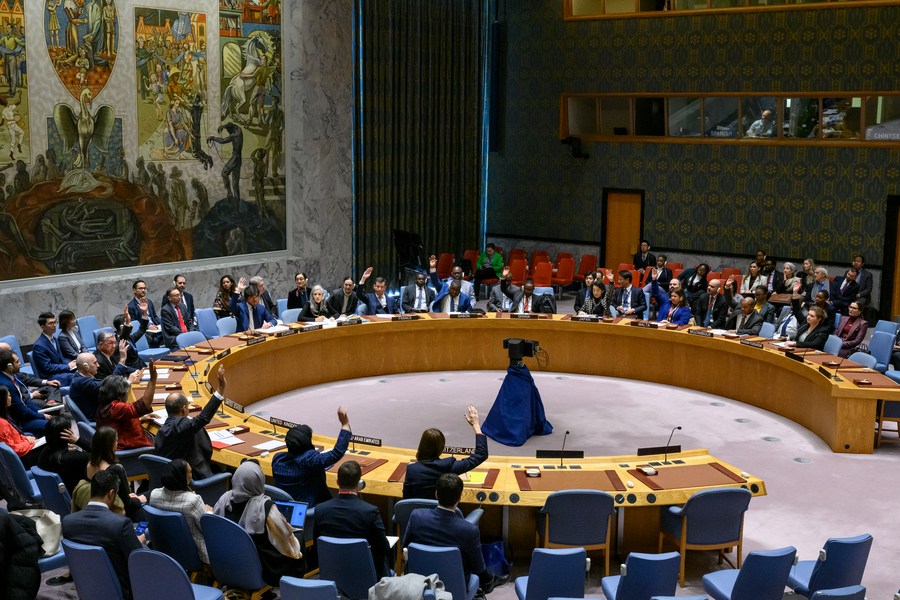 14 декабря, Нью-Йорк. Голосование по проекту резолюции на заседании Совета Безопасности в штаб-квартире ООН. /Фото: ООН/Синьхуа/
