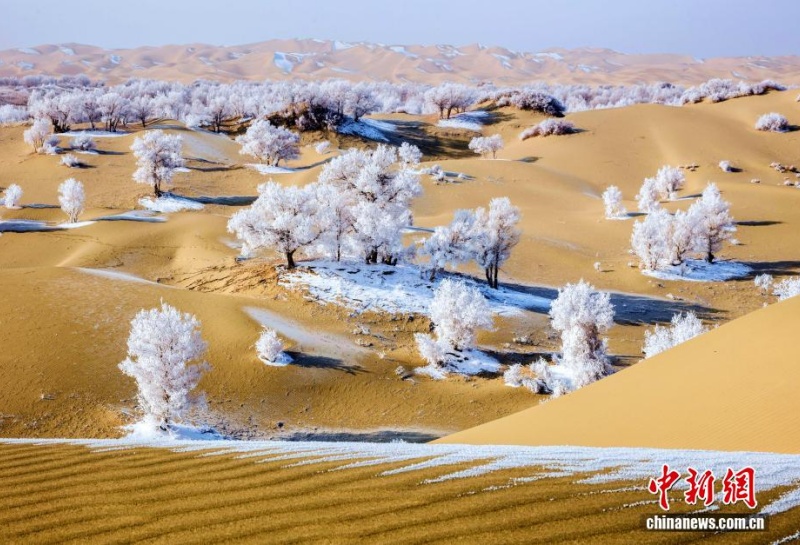 Снежный пейзаж в пустыне Такла-Макан в Синьцзяне