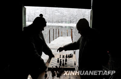 На фото: Двое мужчин играют в шахматы у деревьев, покрытых снегом.