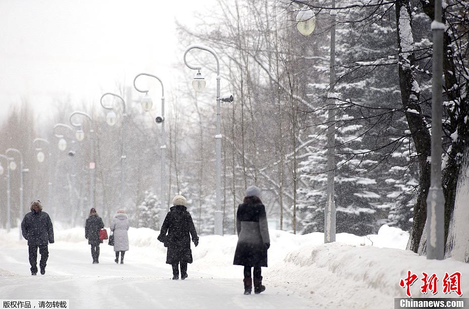 В столичном городе Беларуси Минске выпал снег, люди гуляют в парке.