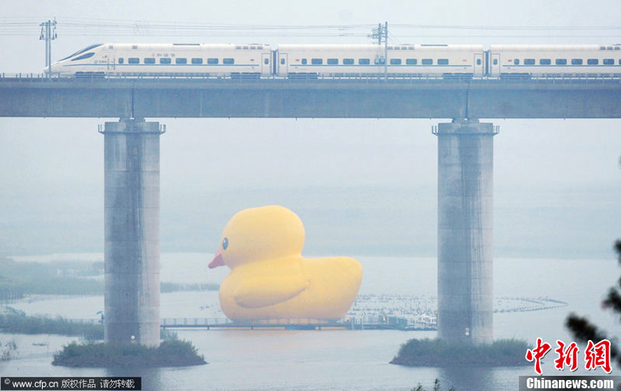 Огромная резиновая утка приплыла к парку ЭКСПО в Пекине (7)