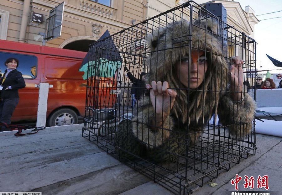 Российские красавицы в клетках выразили протест против меховых изделий
