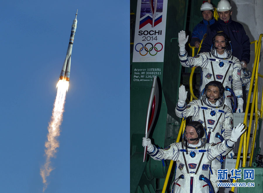 7 ноября 2013 года российский космонавт Михаил Тюрин  с факелом в руках готовится к отправке на Международную космическую станцию. Российский пилотируемый корабль «Союз ТМА-11М» с интернациональным экипажем и олимпийским факелом «Сочи-2014» успешно пристыковался к МКС